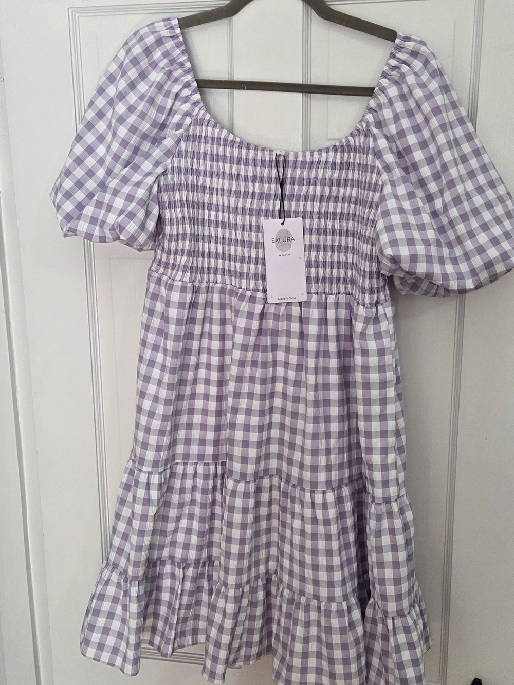 Womens' Lavender Gingham Puff-Sleeve Dress